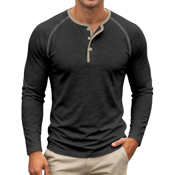 Bainana Long Sleeve Henley Shirts For Men Crew Neck Soft Moisture Wicking T-Shirt Solid Color Regular Fit Everyday Wear Basic Tops Size L