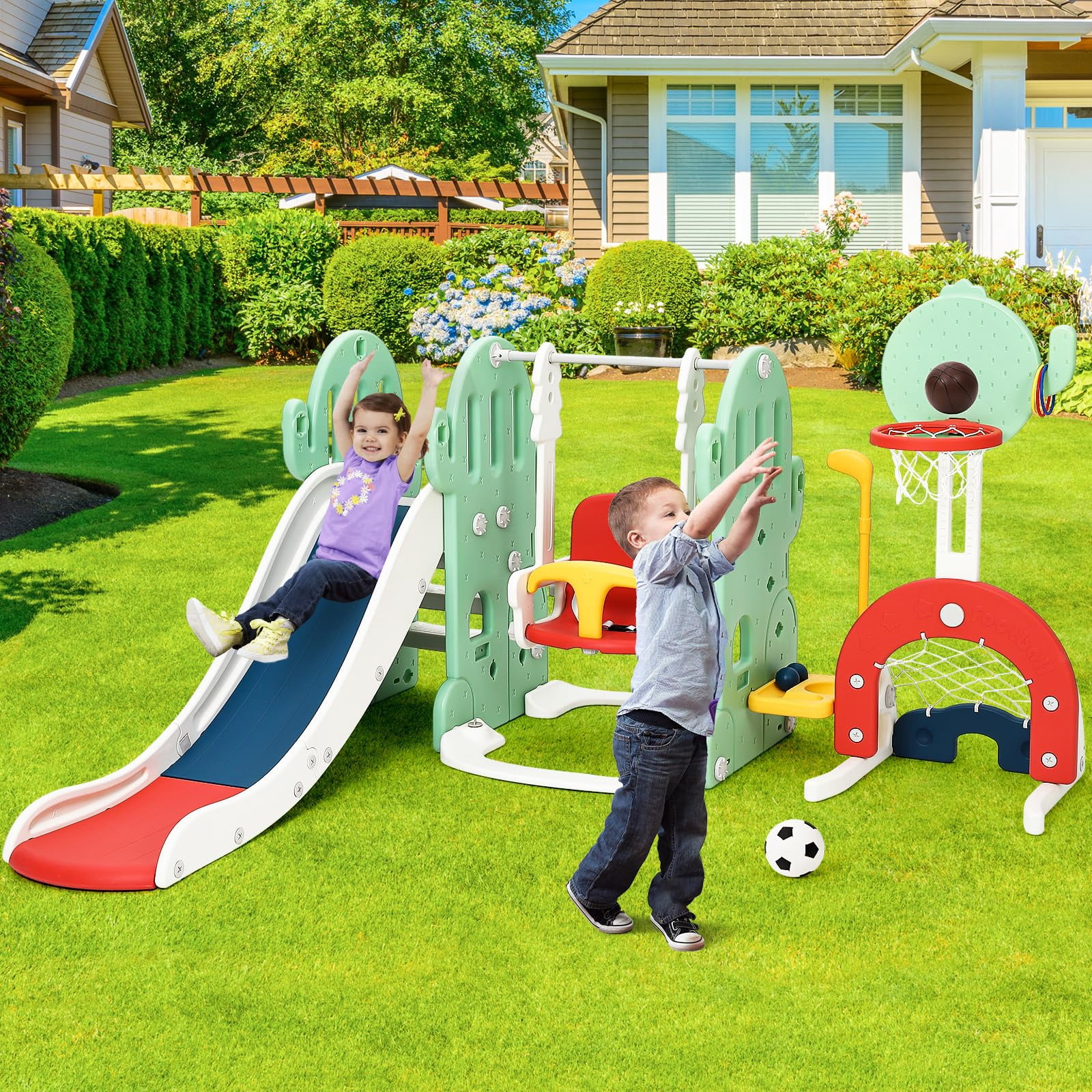 7 in 1 Toddler Slide and Swing Set Large Slide with Basketball Hoop Soccer Golf Indoor Slide and Swing Set for Toddlers Age 1-8 Baby Slide Toddler Slide Climber Set Indoor and Outdoor Playground