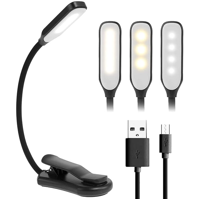 Lámpara de lectura Miuline de 7 LED con clip, recargable por USB, flexible, con cuello de cisne de 360° y 3 niveles de brillo regulables, ideal para niños y adultos, para leer en la cama (negra)