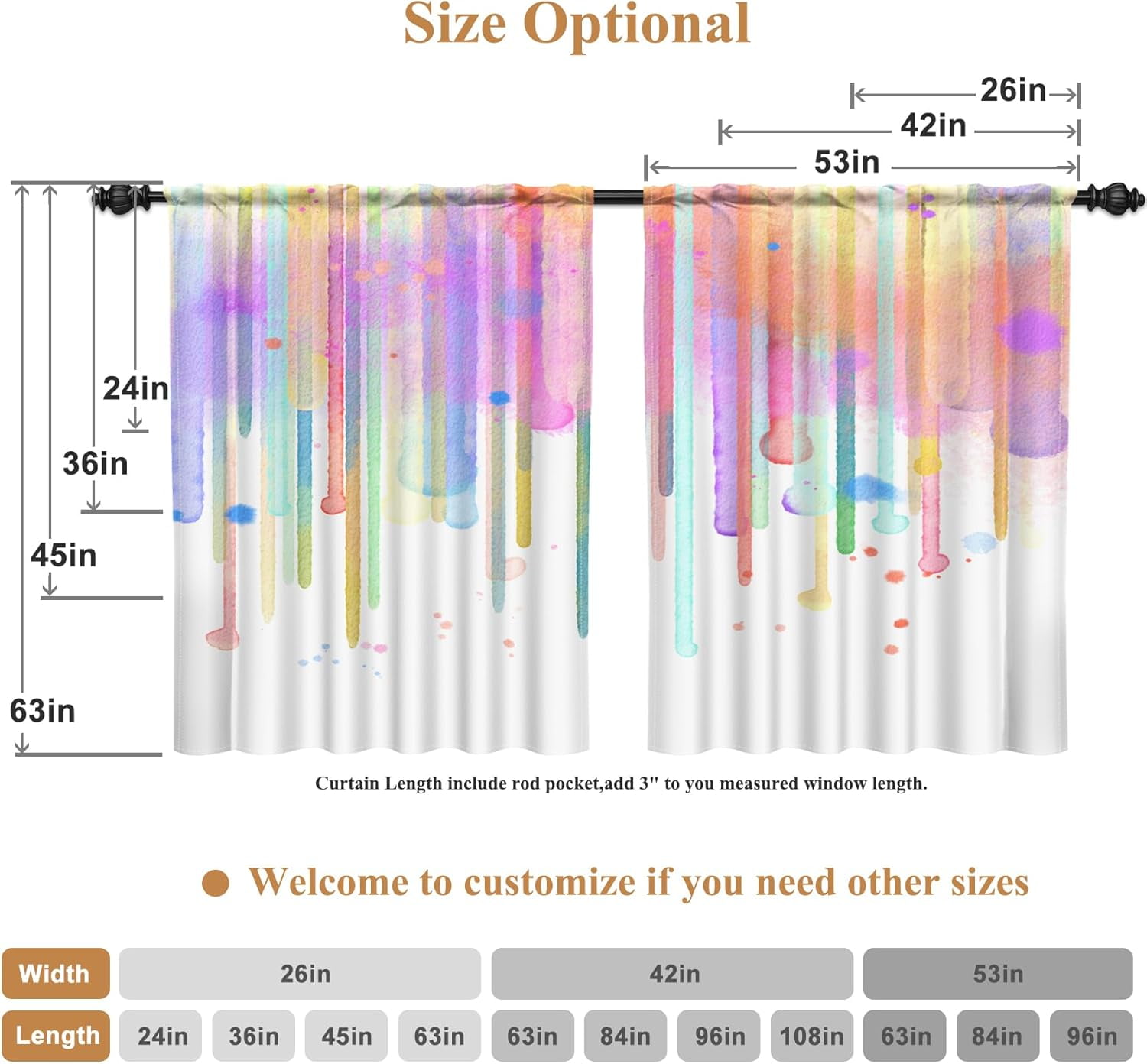 27.5 x 24 Inch Rainbow Colored Splash Kitchen Curtains Short Colorful Paint Splatter Rod Pocket Window Decor Light Filter Curtain Bathroom Dining Room Abstract Art Window Drapes Linen 2 Panels