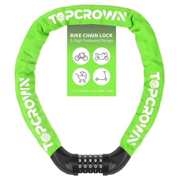 Candado con cadena para bicicleta Topcrown de alta seguridad, 1,45 kg, 1 m, verde neón