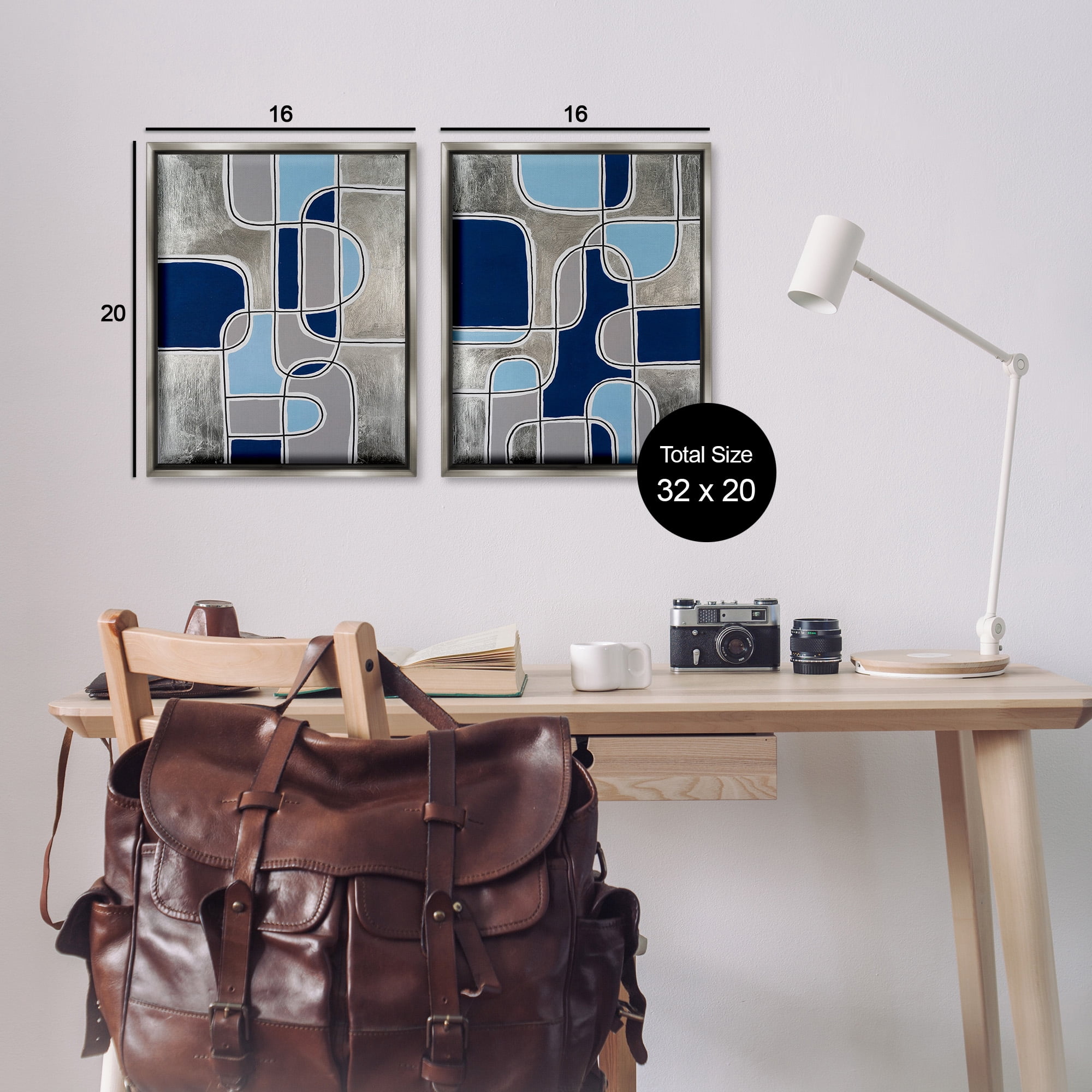 Stupell Industries Blue & Grey Geometrics Abstract Painting Gray Floater Framed Canvas Art Print Wall Art, 17 x 21, Set of 2