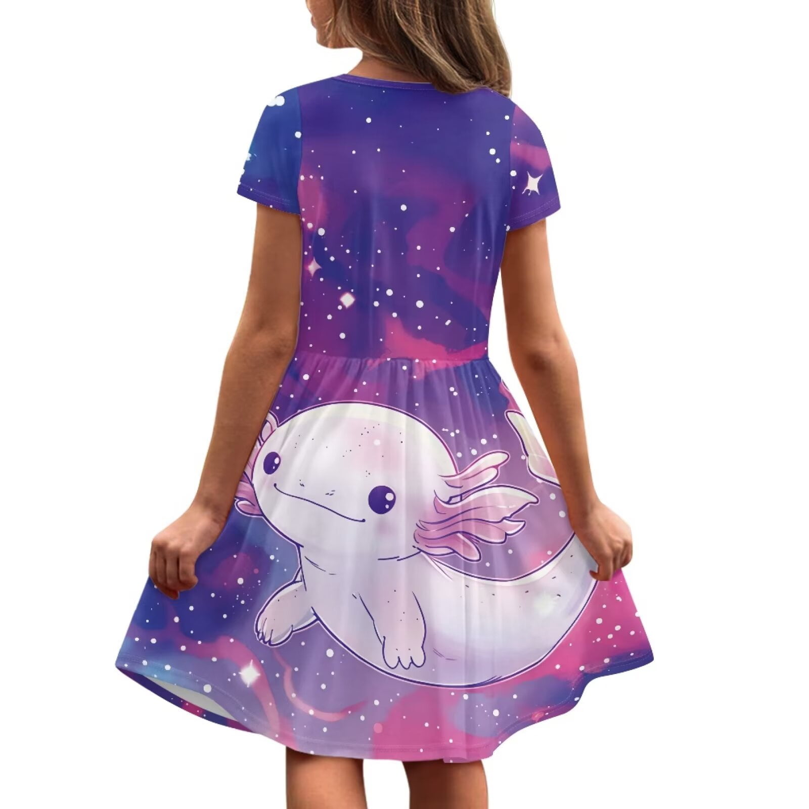 Uourmeti Axolotl Cute Swing Dress Summer Short Sleeve Dresses Casual Soft Crew Neck Knee Length A-Line Dress with Pockets for Girls 2-14 Years Old