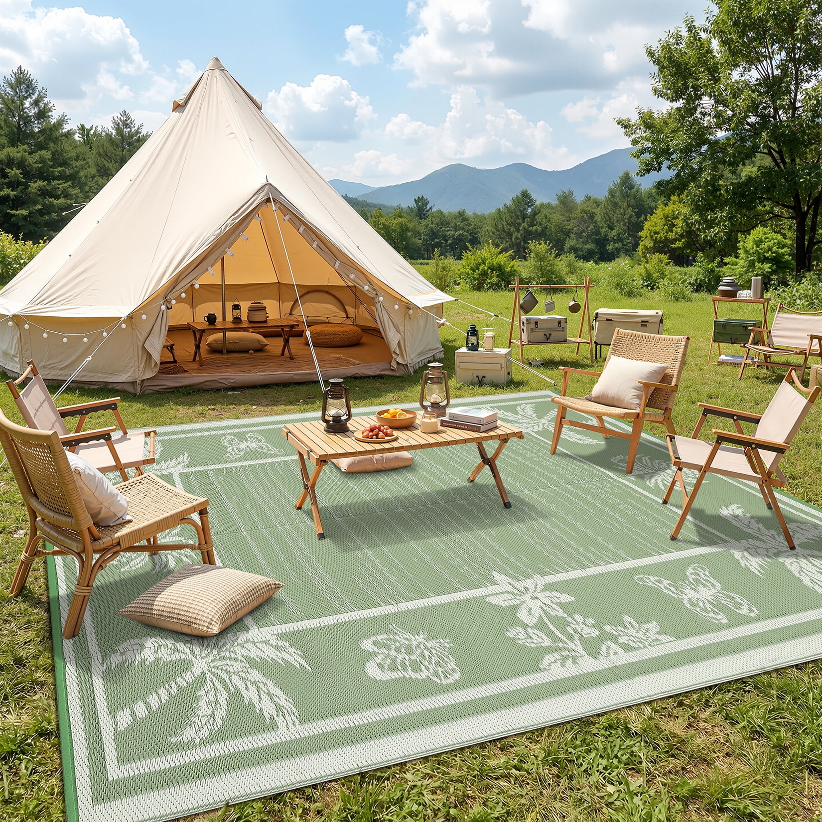 HIWEAVER Sage Green 8'x 10' Outdoor Rug Garden Decor Floral Bordered Carpet Plastic Straw Waterproof Reversible Patio Area Rug for Balcony Deck Picnic Portable Camping Mat