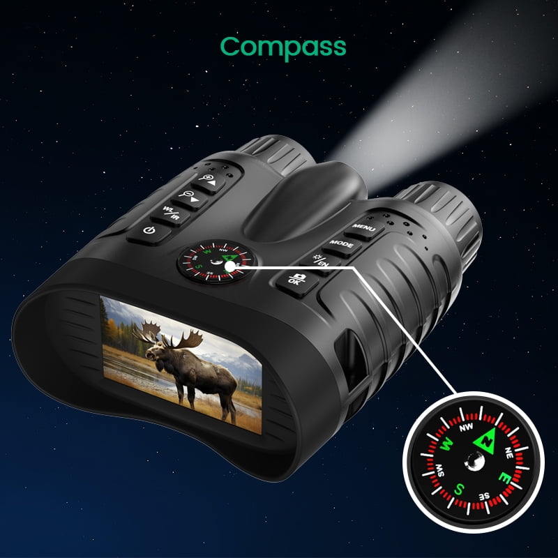 Ruaiok Night Vision Goggles with Compass, 4K Night Vision Binoculars 8X Digital Zoom & 4500mAh Battery, 64GB Card Included, 1300ft Range, Perfect for Outdoor, Camping, Hunting