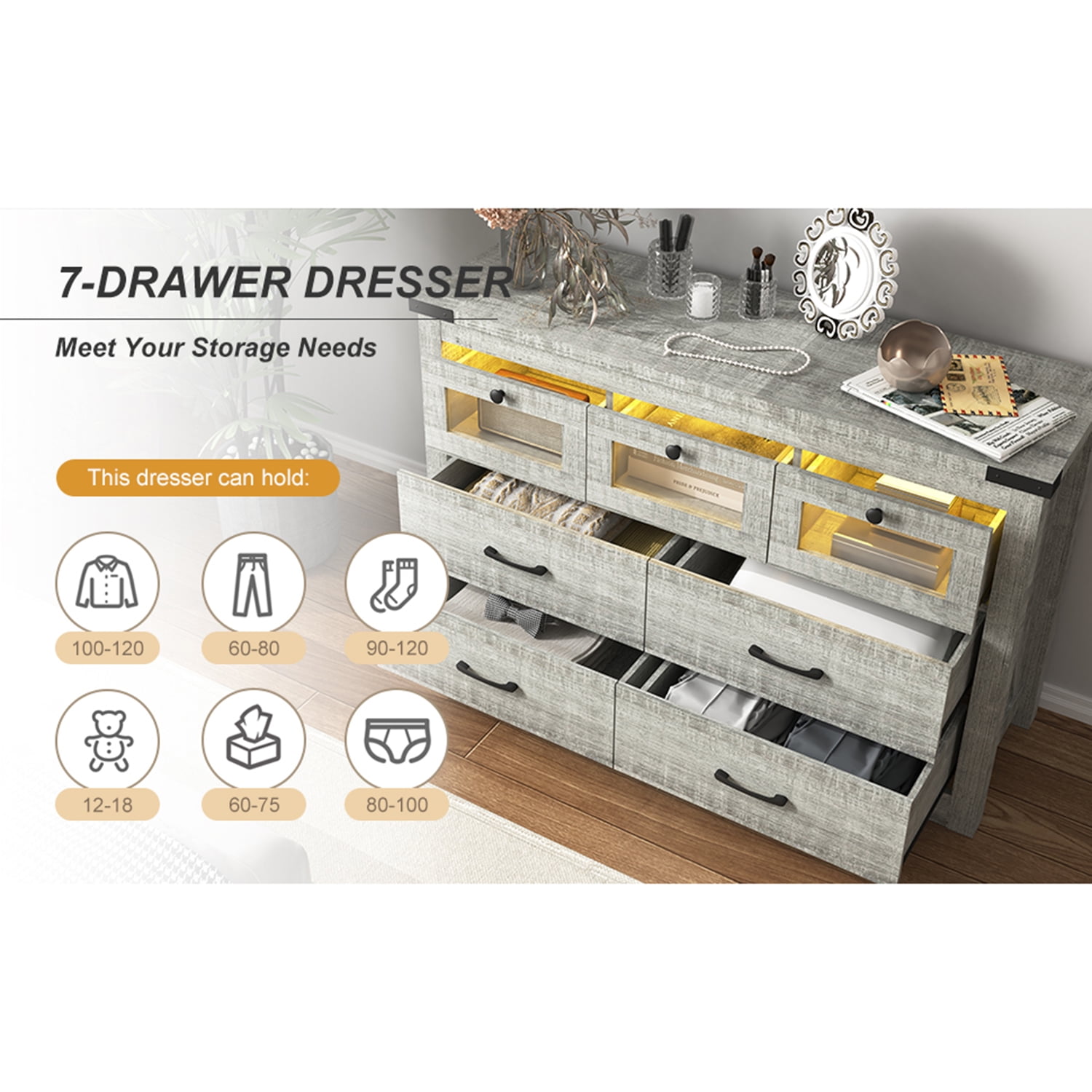Kadyn 7 Drawer Dresser, Sideboard Storage Cabinet with LED Light, Chest of Drawers for Hallway, Cement Grey