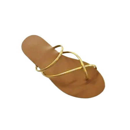 

Woobling Womens Flip Flops Summer Slides Slip On Flat Sandals Beach Casual Shoes Breathable Slide Slippers Strappy Fashion Gold 7.5