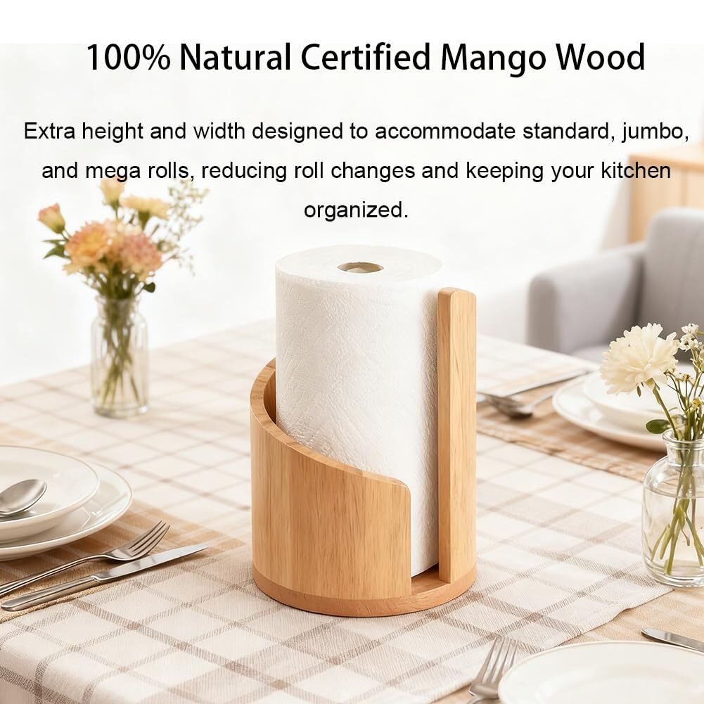 Mountain Paper Towel Holder 100% Natural Mango Wood, Mountain Paper Towel Holder Countertop with Mango Wood Round Base and Iron Holder, No Tools Or Installation Required (Brown)