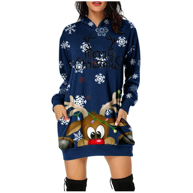 Robe Maxi à Manches Longues Imprimée de Noël pour Femmes avec Col en V, Chandail à Capuche avec Poches, Robe d'Été