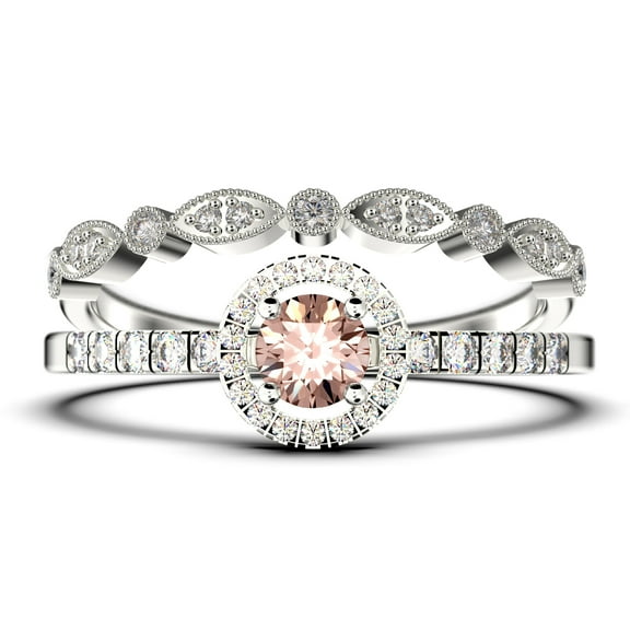 Dazzling Minimalist 1.50 Catar Round Morganite And Diamond Moissanite Engagement Ring, Wedding Ring, One Matching Band in 925 Sterling Silver With 18k White Gold Plating Gift For Her, Silver