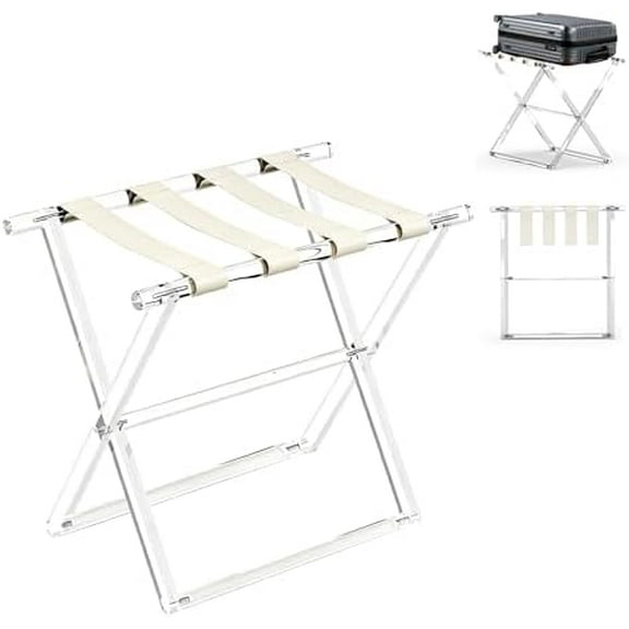 Acrylic Luggage Rack for Guest Room,Folding Luggage Rack with Leather Straps,Holds up to 120 lbs Suitcase Stand for Bedroom, Living Room and Hotel (Beige Leather)