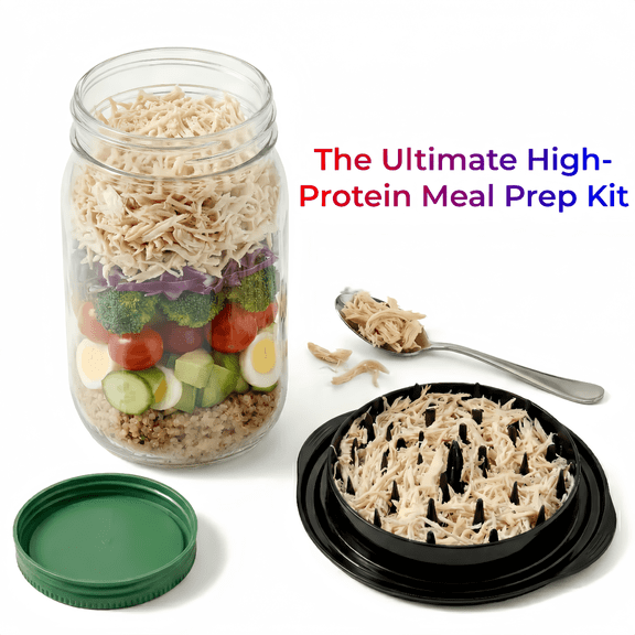 YCZ Ultimate Meal Prep Kit: 10" Large Meat Shredder Tool & Side-Access Salad Container Jar | BPA-Free Chicken Shredder & Portable Lunch Box with Dressing Cup for Work, Fitness, Keto Diet