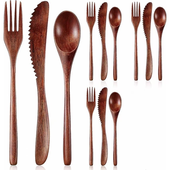 12 Pcs Wooden Utensils for Eating Wooden Spoon Fork Knife Cutlery Set Kitchen Wood Dinner Flatware Tableware Set Includes Spoon, Fork, Knife