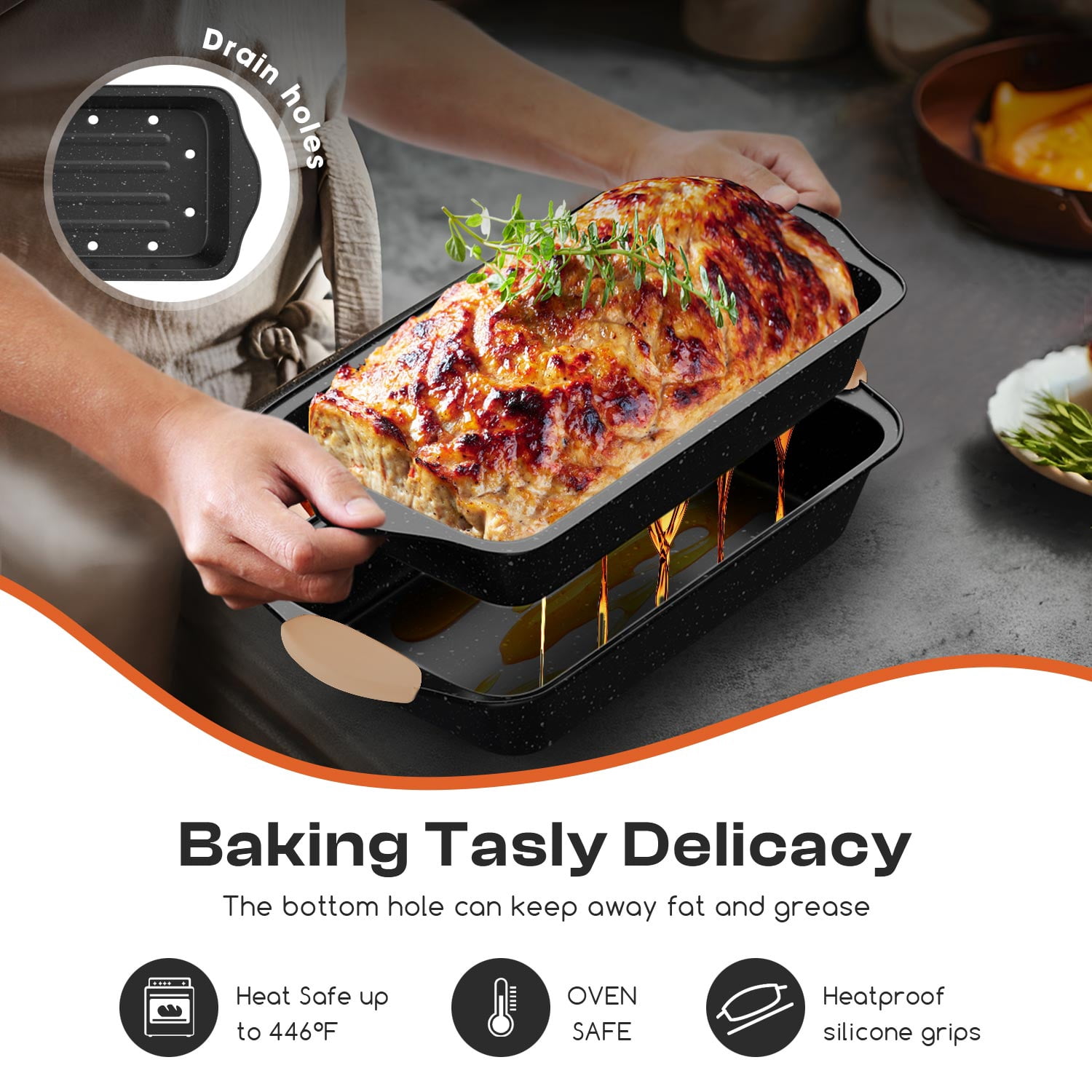 Slow Slog Nonstick Bakeware Set, 14-Piece Baking Pans Set, Stackable Baking Sheet Pans with Silicone Handles, Khaki&Black