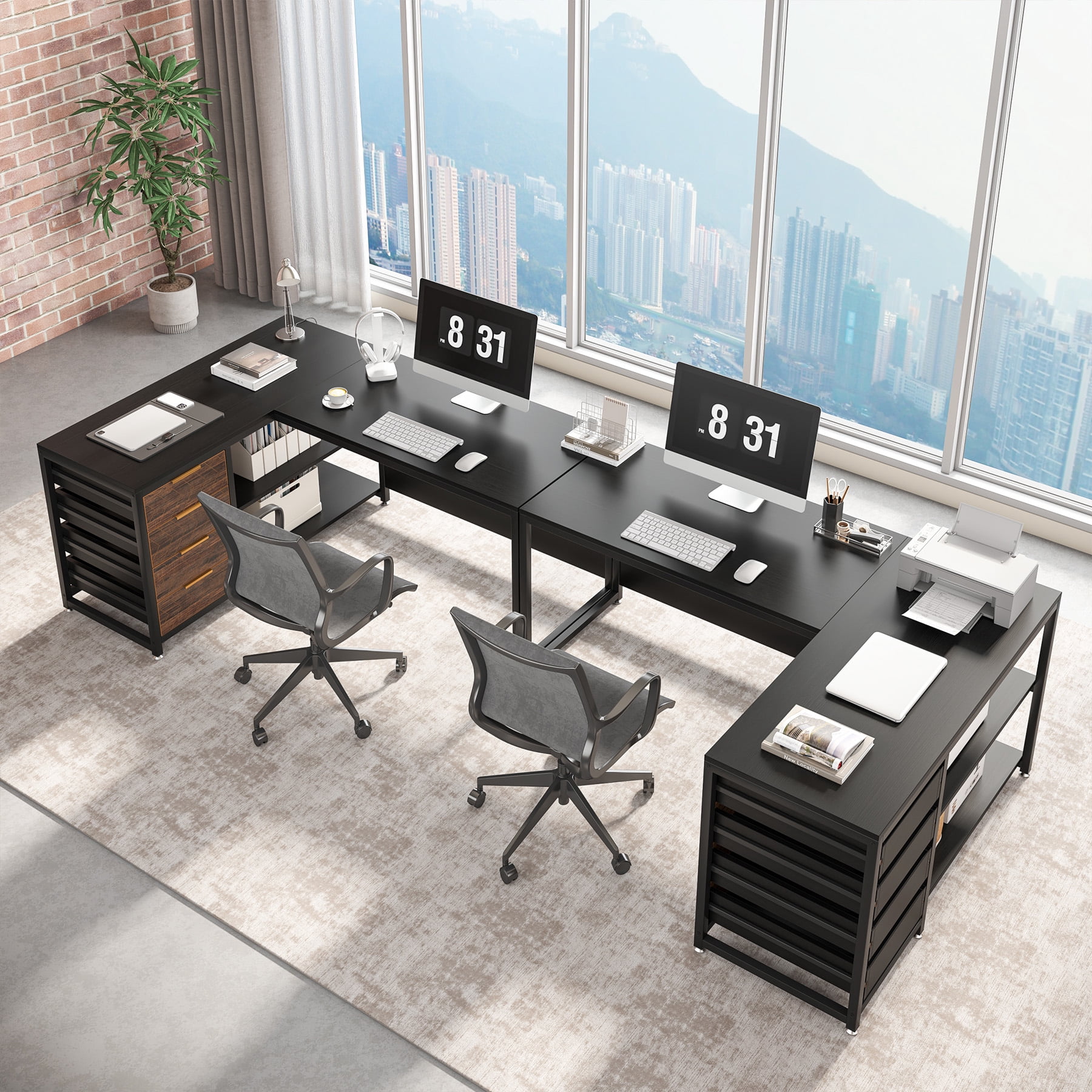 Tribesigns L-shaped Computer Desk, 59 inch Corner Desk with Drawers and Storage Shelves, Reversible Writing Study Table for Home Office, Black