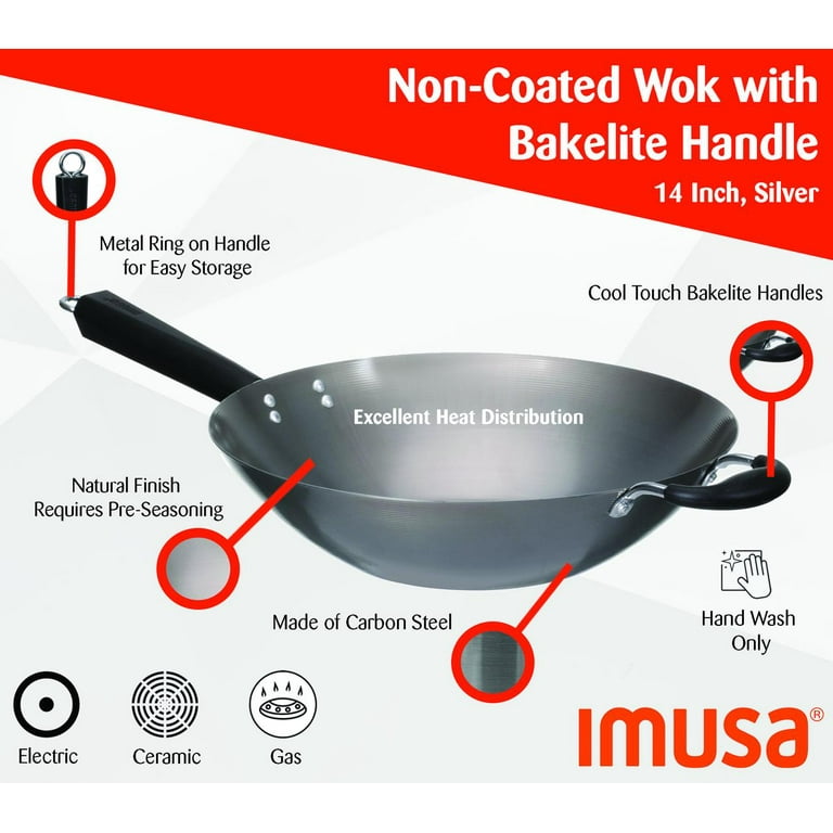 Imusa 14 inch Carbon Steel Natural Interior Wok with Helper Bakelite Handle  