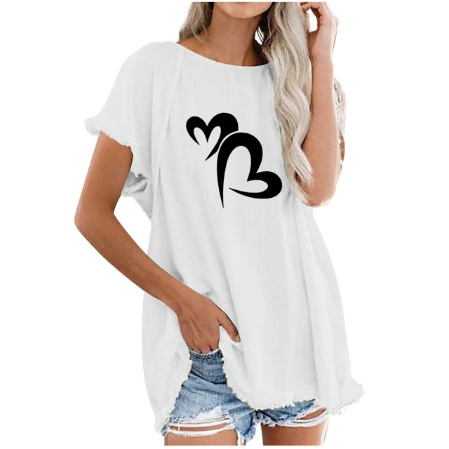 Blusa de manga corta con estampado regular de flecos y cuello redondo de algodón y cáñamo para mujer OAVQHLG3B Store lin121212