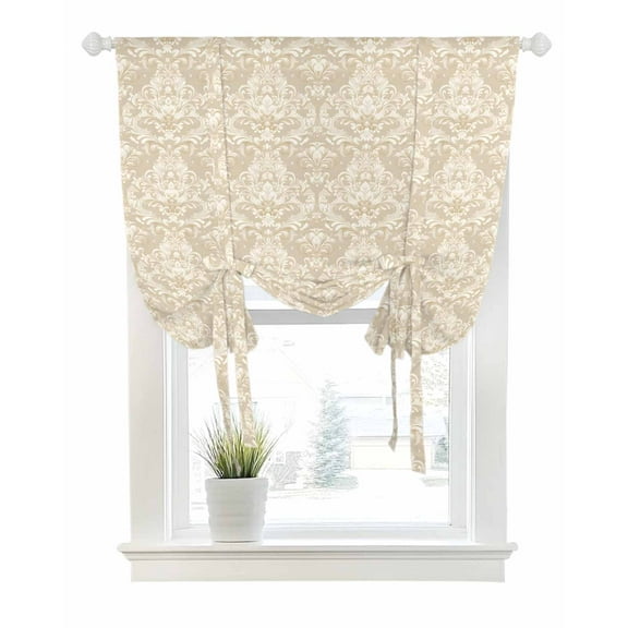 Beige Baroque Tie Up Curtains for Window, Thermal Insulated Balloon Shade Adjustable Rod Pocket Curtains Valance Panels for Kitchen Bathroom Cafe 42 x 45 Retro Farmhouse Abstract Scroll Floral