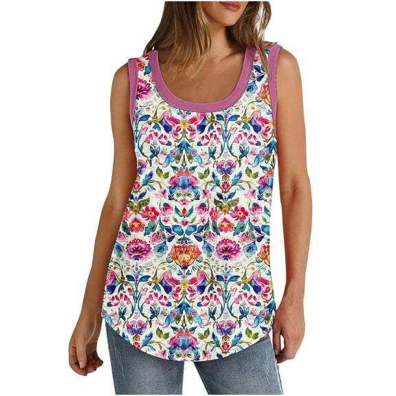 ZQUUVOU Women's Tank Tops Printed Floral Solid Color Sleeveless Crew Neck Cotton Casual Tee(C-Multicolor,3XL)