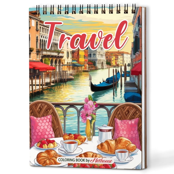 NETHOUSE Travel Spiral Coloring Book for Adults, A5 Wooden Cover, 30 Coloring Pages of Iconic Landmarks, Scenic Destinations, Dreamy Cities, Beautiful Landscapes and Cultural Wonders