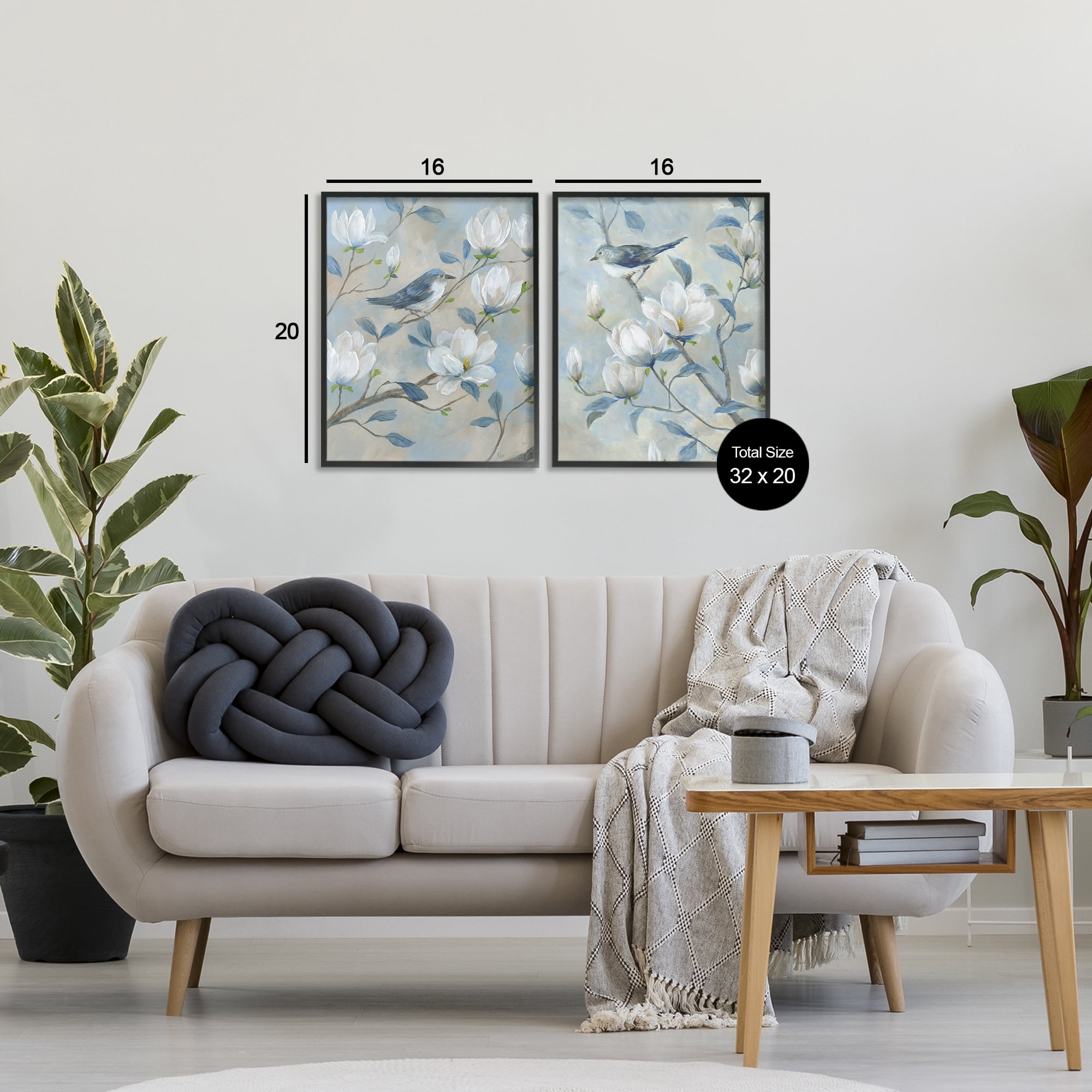 Stupell Industries Blue Birds in Magnolia Tree 2 Piece Black Framed Giclee Art Set, design by Nan