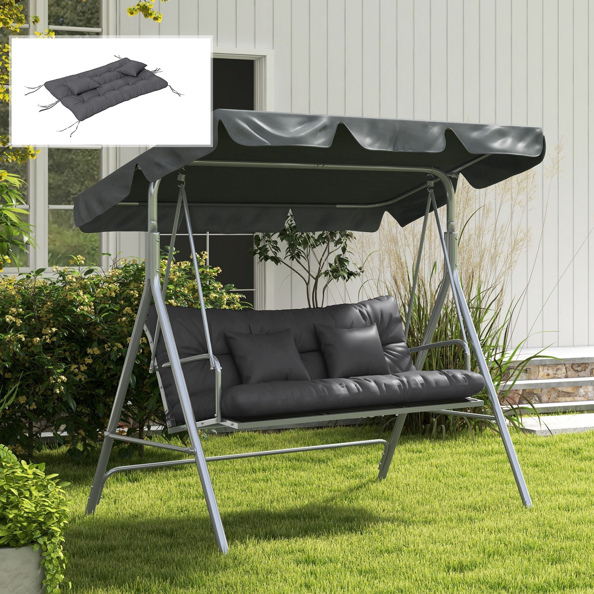 Alvantor Tufted Bench Cushions with Backrest & Throw Pillows, 59" Bench Chair Cushions for Outdoor Furniture, Charcoal