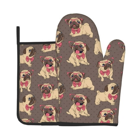 

Jgfou Cut Pug Pattern Oven Mitts and Pot Holders Sets Heat Resistant Oven Mittens Soft Lining Extra Thicken Long Kitchen Cotton Oven Glove for Cooking