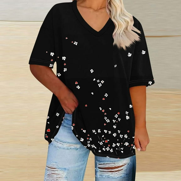 Plus Size Tops 4X Women​ Under $10 ​V-Neck Short Sleeved Printing Base Shirt