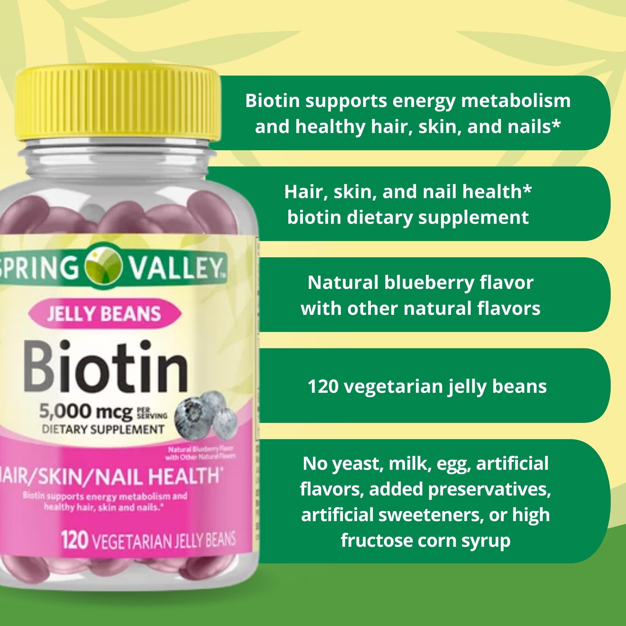 Spring Valley Biotin, 5,000 mcg Vegetarian Jelly Beans Supplement, 120  Count 