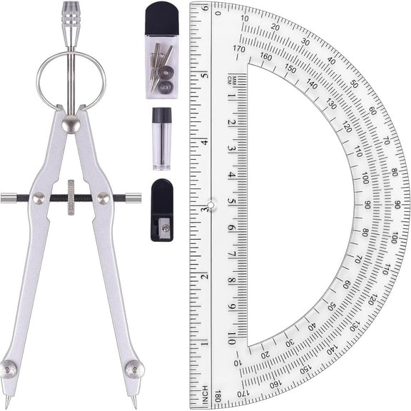 WarmHaven Compass and Protractor Set, Professional Drawing Compass Tool, Metal Compass with Extra Refills, Compass for Geometry and 6 Inch Math Protractors 180 Degree (Silver)