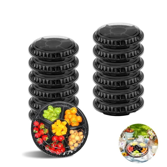 10pcs Stackable Round Serving Party Tray,6 Divided Compartment Fruit Tray,QZS Plastic Round Catering Container,Takeout Picnic Supplies for Salad,10.4x10.4x2In