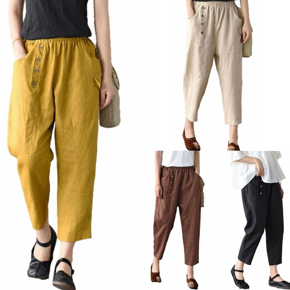 Women Casual Pants Button Solid Color Loose Thin Type Cropped Trousers ...