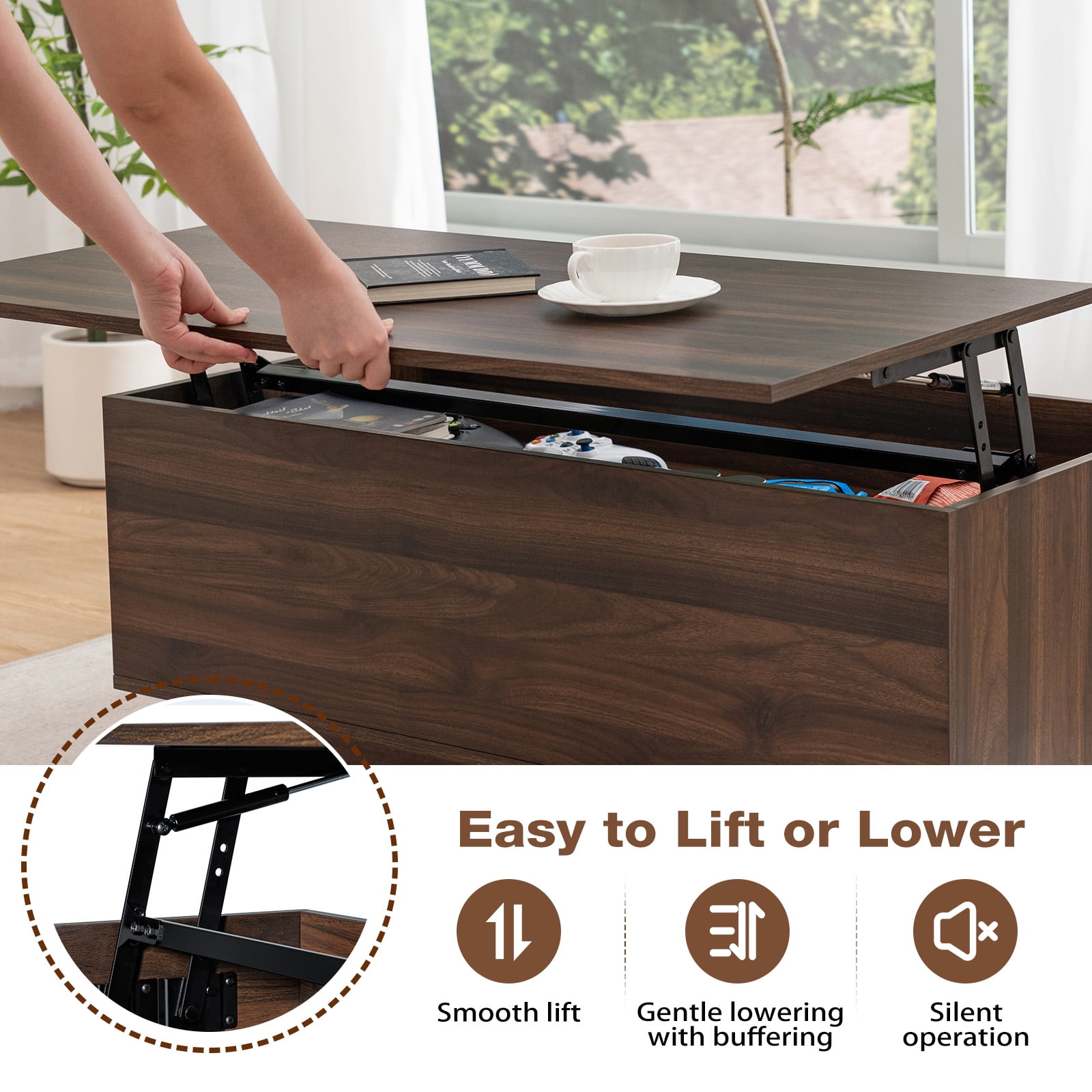 Hommpa LED Coffee Table with Lift Top and 2 Drawers, Hidden Compartment for Living Dining Room Walnut Sofa Side End Table