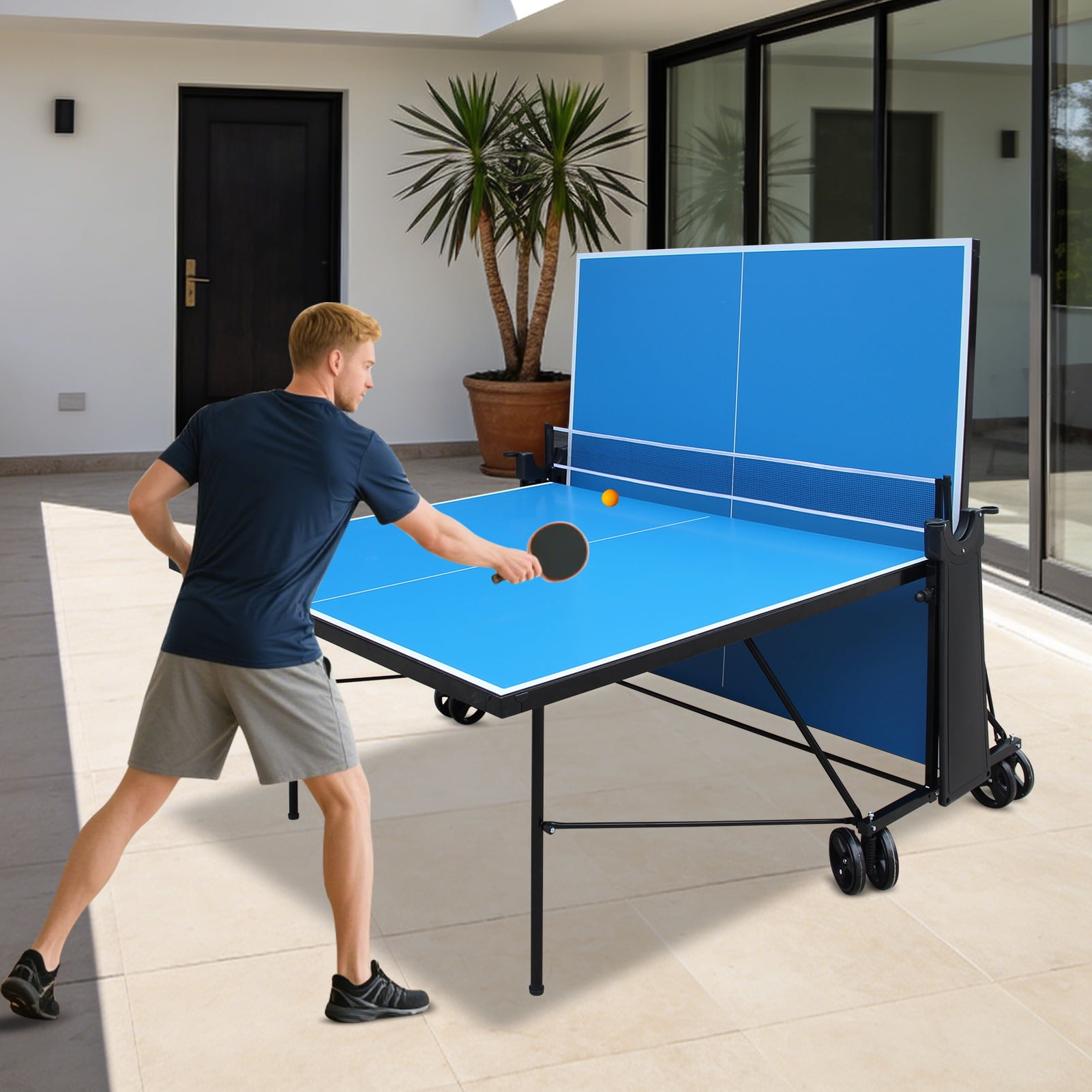 KLB Sport Outdoor/Indoor Foldable Table Tennis Table with Wheels, Weather-Resistant Mobile Ping Pong Table Set with Net, 2 Paddles & 3 Balls, Regulation Size Waterproof Ping Pong Table