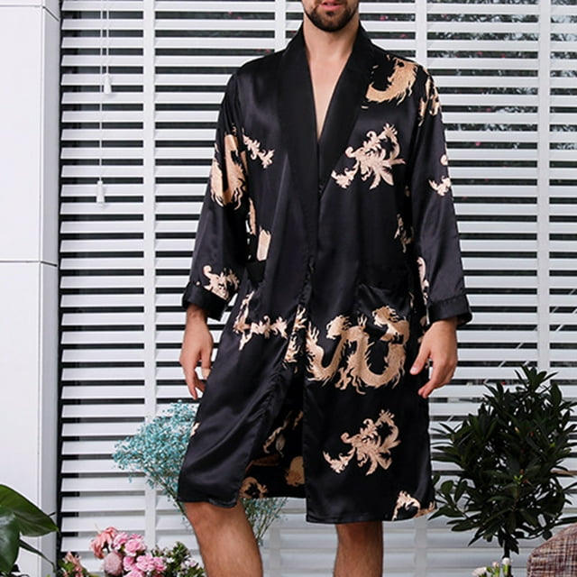LSLJS Hommes Décontracté Manches Longues à Lacets Imprimé Maison Poche Longue Robe de Pyjama, Peignoirs Cadeaux pour Hommes