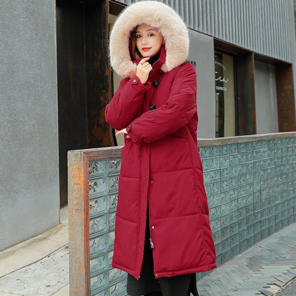 EGNMCR Long Sleeve Parkas Women Warm Pocket Coat Turn Down Collar Long Jacket Winter Down Parkas Women Coat