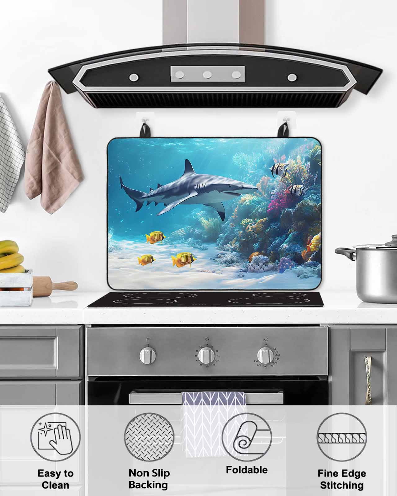 nqOlkjepod Large Induction Cooktop Protector Mat 24"x21", Shark Coastal Stove Top Covers for Electric Stove, Summer Beach Coral Ocean Nautical Stove Burner Cover Mats, Glass Top Stove Cover