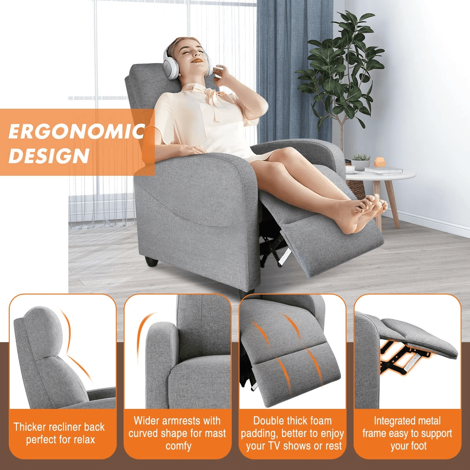 Manual Recliner Chair Sofa with Massage and Heating, Overstuffed Push Back Reline Chair, Lumbar Support Home Theater for Living Room, Grey