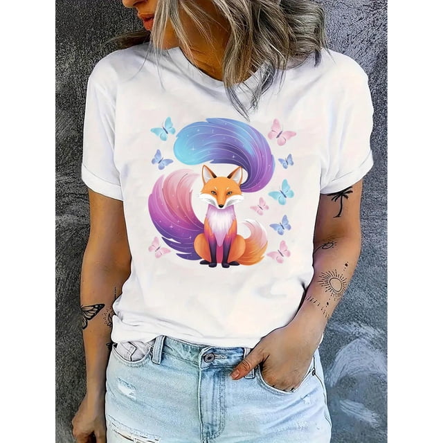 Camiseta Suelta para Mujer Primavera VeranoWomen'S Casual Crew Neck T-Shirt with Colorful Butterfly Fox Print, Fashionable Short Sleeve Top, Medium Stretch Polyester (95%) & Spandex (5%), All-Season