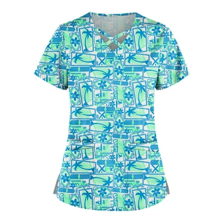 

QWANG Plus Size Cute Printed Scrub Working Uniform Tops For Women Cross V-Neck Short Sleeve Fun T-Shirts Workwear Tee with Double Pockets