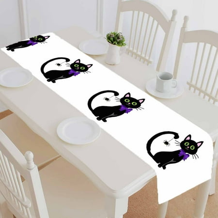 

PKQWTM Cute Black Cat White Halloween Cotton and Linen Table Runner Kitchen Dining Room Supplies Size 16x72 Inch