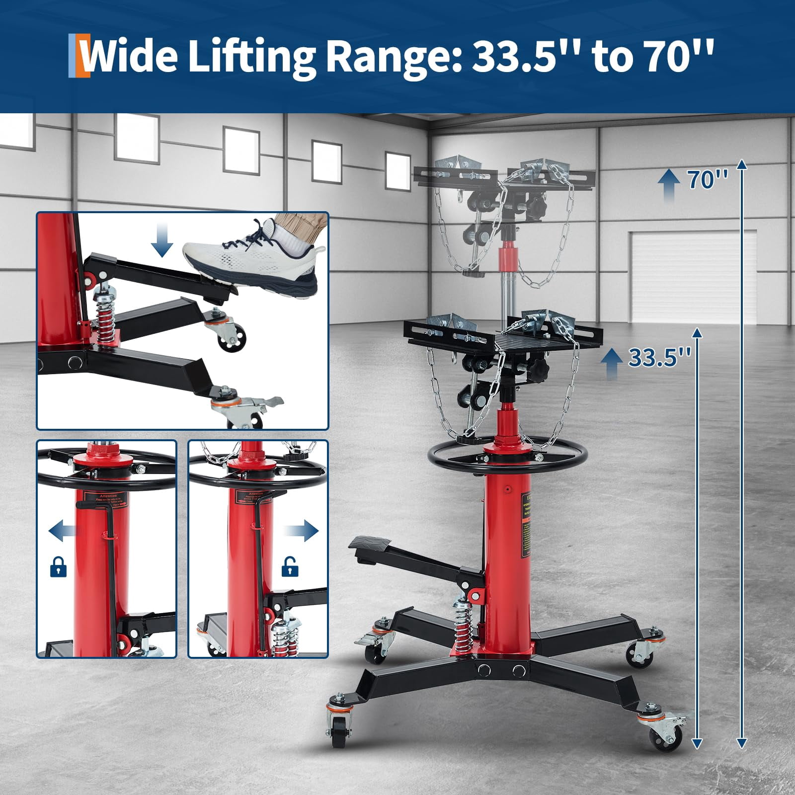 PeakPursuit 1322 LBS Hydraulic Transmission Jack, 33.5-70 Inch Lift Height with 360° Swivel Wheels & Foot Pedal, Telescoping Jack Stand with 30° Tilt Saddle for Cars, Light Trucks