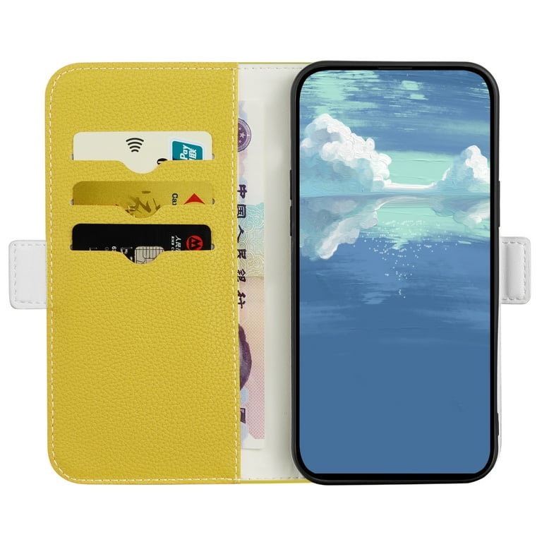 Feishell Wallet Case for iPhone 14 Plus,Lychee Texture PU Leather Candy  Color Shockproof Protective Magnetic Flip Holder Anti-Scratch Phone Cover  with Credit Card Slots & Cash Pocket,Yellow 