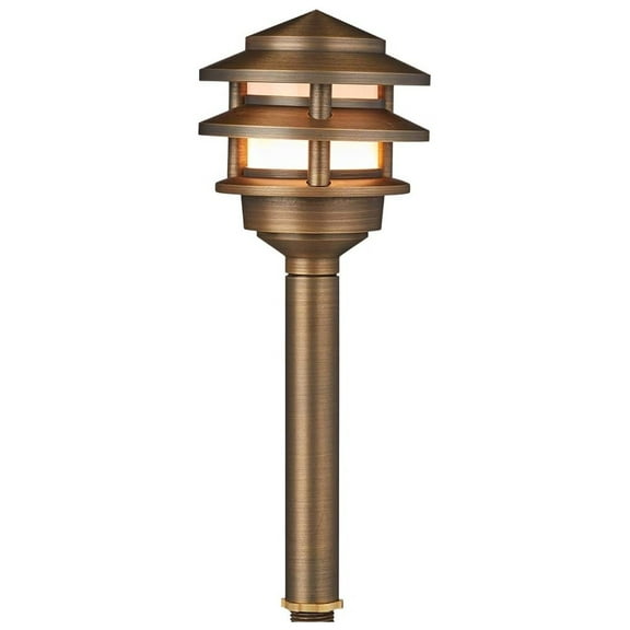 12V 3-Tier Brass Pagoda Light (Bronze) with 3W 2700K Warm White G4 LED Bulb for Low age Landscape Lighting on Outdoor Pathway, Walkway, Garden, Driveway or Patio Pagoda Path Light with LED Bulb