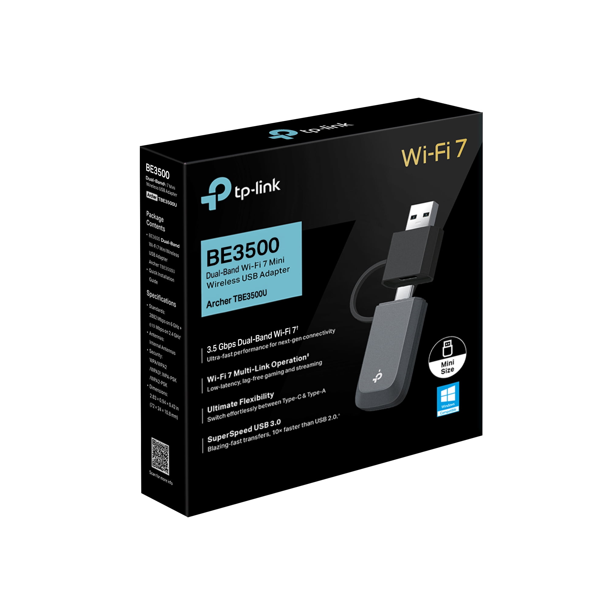 TP-Link BE3500 Wi-Fi 7 Dual-Band Wireless USB 3.0 Adapter, 2-in-1 USB-C & USB-A Connectivity, WPA3 Security, Windows 10/11 Compatible - Archer TBE3500U