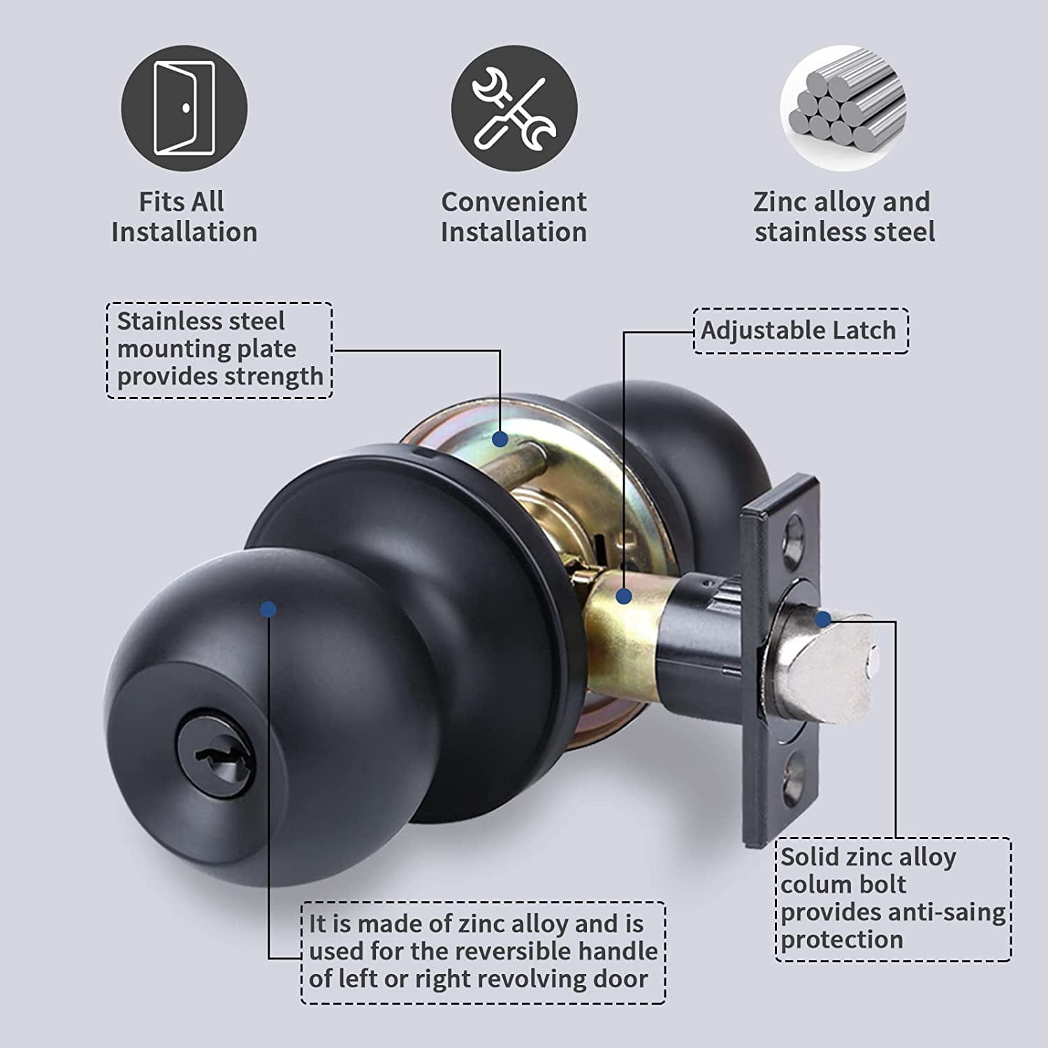 YIHATA 5 Pack Entry Doorknobs, Keyed Alike, Entry Doorknob Lock with Keys, for Front Door, Exterier and Interier Doors, Matte Black