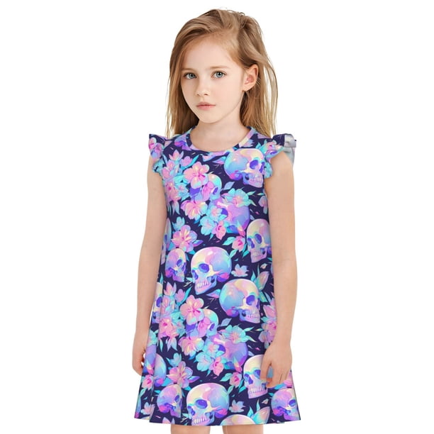 Balery pinkk flower crystal Skull Camisón de princesa para niñas, pijama de algodón con mangas abullonadas, suave y bonito.-X-Large