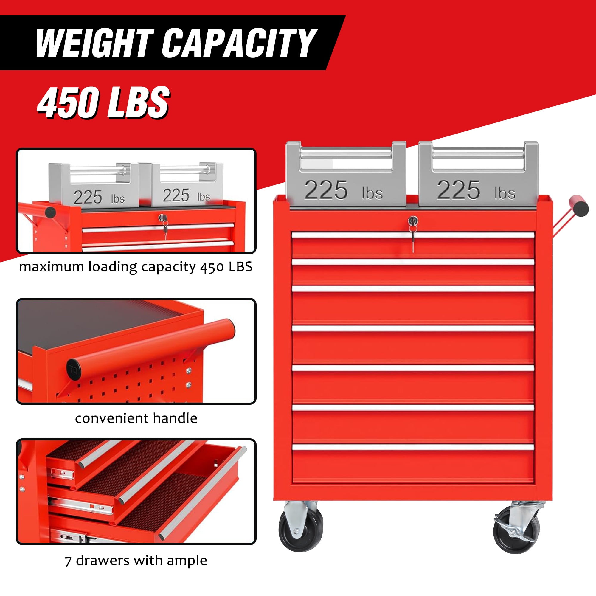Seizeen Rolling Tool Chest on Wheels, Metal Tool Cart Toolbox Storage Cabinet Organizer W/ 7 Drawers, Red