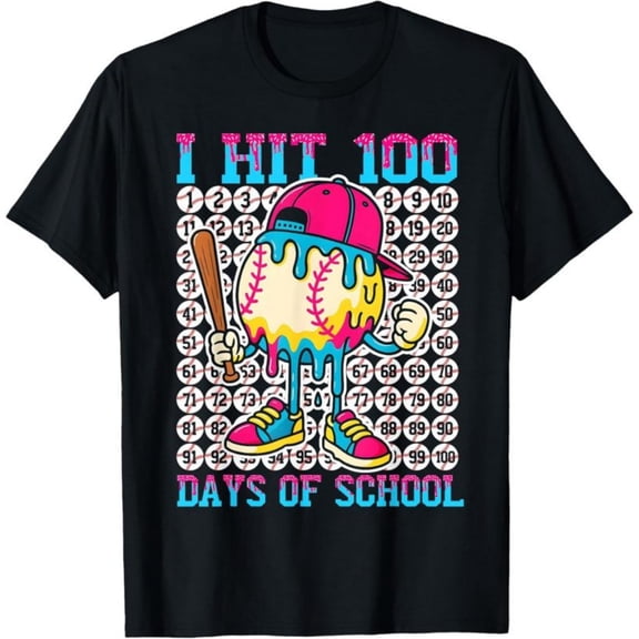 Baseball Ice Cream Drip 100 Days of School Boys Girls 100th T-Shirt, Back To School T-Shirt for Kids, Black, 180gsm, 100% Cotton