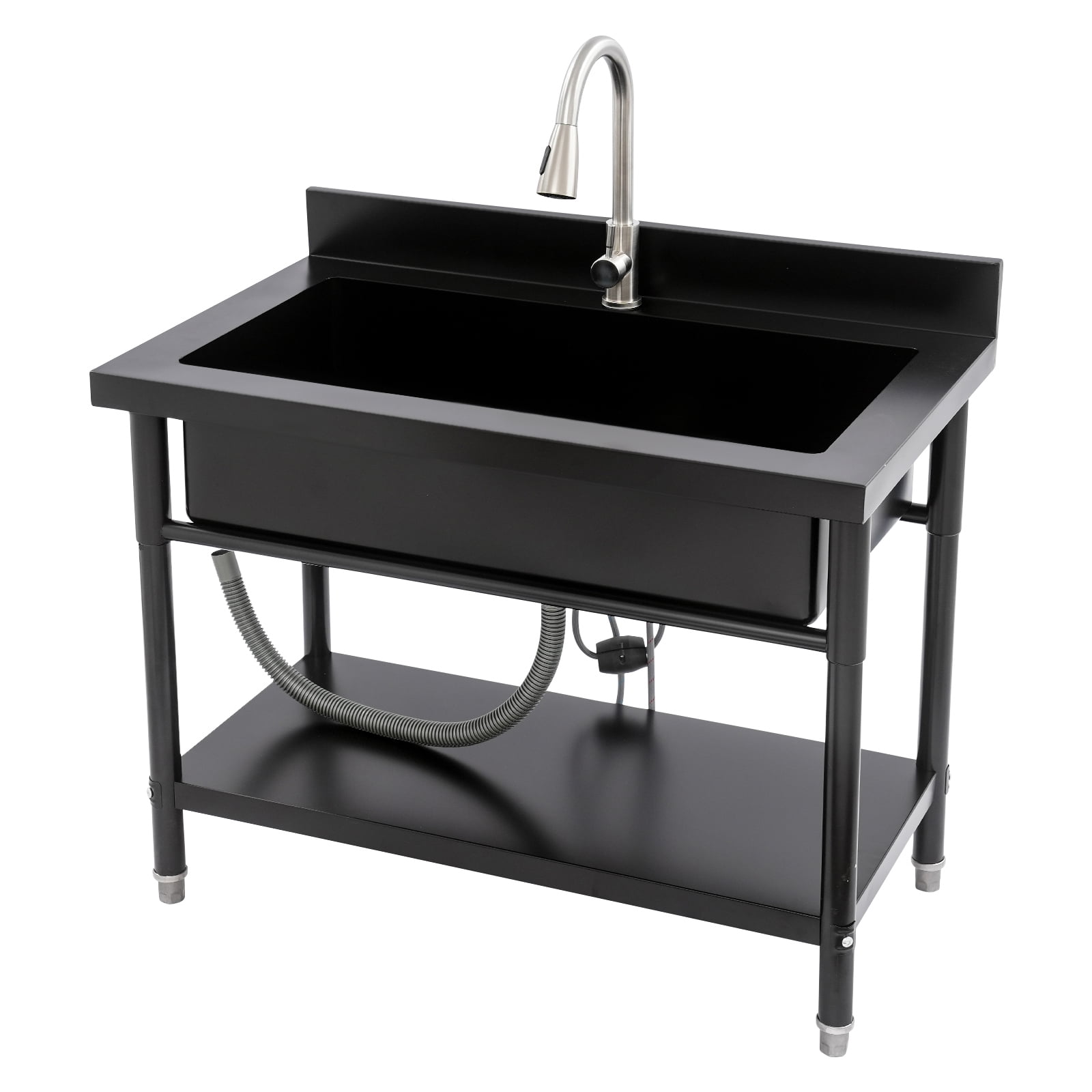 ToppiJoy Stainless Steel Single Bowl Utility Sink, Freestanding Laundry Sink with Pull-Out Faucet for Laundry Room Indoor Outdoor (Black)